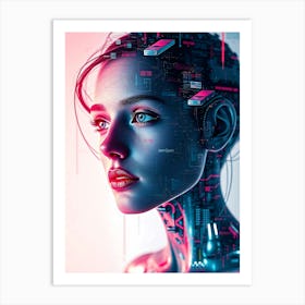 Cyborg Woman in Blue and Pink Light Art Print