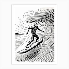 Linocut Black And White Surfer On A Wave art, surfing art, 3 Art Print