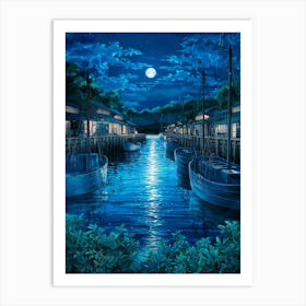 Anime Canvas Art: Tranquil Moonlit Harbor with Boats and Reflections, Perfect for Lofi Aesthetic and Peaceful Night Scene Lovers. Art Print