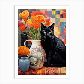 Black Cat With Flowers 4 Art Print