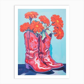 A Painting Of Cowboy Boots With Orange Flowers, Fauvist Style, Still Life 2 Art Print