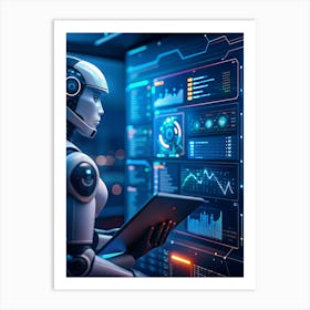 Realistic Rendering Of A Female Robot With A Futuristic Design, Analyzing Data On Large Screens Art Print