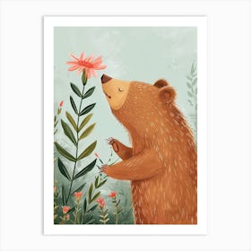 Sloth Bear Sniffing A Flower Storybook Illustration 4 Art Print
