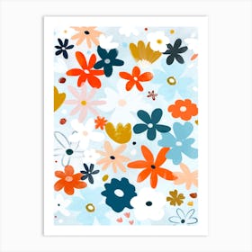 Retro Blue And Orange Floral Art Print