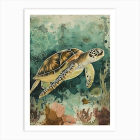 Cyanotype Inspired Sea Turtle On The Ocean Floor Art Print