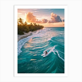 Capture An Aerial Perspective Of A Daring Surfer Confidently Riding The Islands Largest Wave On A S Art Print