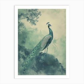 Vintage Turquoise Peacock With A Palace In The Background 2 Art Print