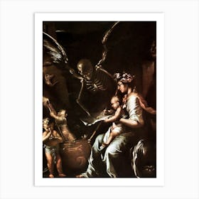 Human Fragility - Salvator Rosa (c1656) Rare Photographic Print Remastered "The Ultimate in Macabre Overstatement: A Newborn Baby Writes an Agreement with Death Acknowledging That Human Existence is Miserable and Brief" Almost 400 Years Old. Skeleton Skulls Satanic Horrorcore Witchcore Biblical Famous Cool Art Print