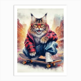 Maine Coon Cat On A Skateboard 2 Art Print