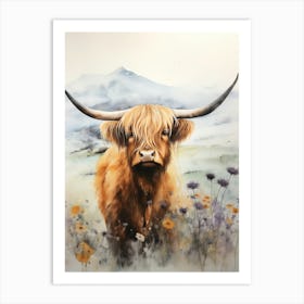 Watercolour Mountain Highland Cow 4 Art Print