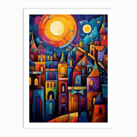 Old Town at Moonlight, Vibrant Colorful Abstract Painting in Cubism Style Art Print
