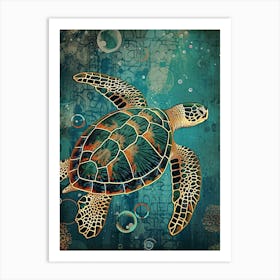 Textured Sea Turtle Collage With Bubbles 3 Art Print
