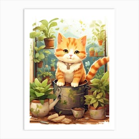 Kawaii Cat Drawings Gardening 6 Art Print