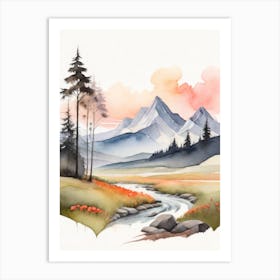 Tranquil Mountains In Minimalist Watercolor Vertical Composition 53 Art Print