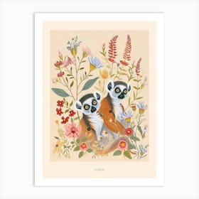 Folksy Floral Animal Drawing Lemur Poster Art Print