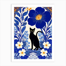 Black Cat With Flowers 10 Art Print