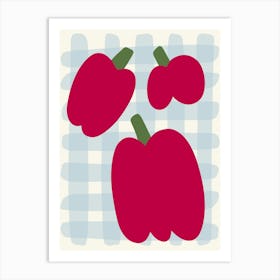 Red Peppers On A Checkered Tablecloth Blue Art Print