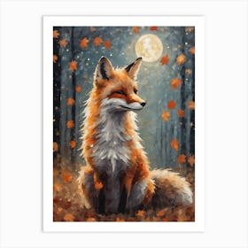 Cottagecore Fox in Autumn - Acrylic Paint Fall Fox with Falling Leaves at Night, Full Moon Perfect for Witchcore Cottage Core Pagan Tarot Celestial Zodiac Gallery Feature Wall Beautiful Woodland Creatures Series HD Art Print