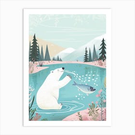 Polar Bear Catching Fish In A Tranquil Lake Storybook Illustration 4 Art Print