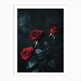 Three Red Roses On A Black Background Art Print