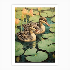 Ducklings With The Water Lilies Japanese Woodblock Style  6 Art Print