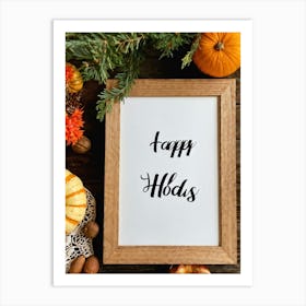 Cursive Calligraphy Depicting Happy Holidays Nestled Among A Vintage Wood Framed Composition Feat Art Print