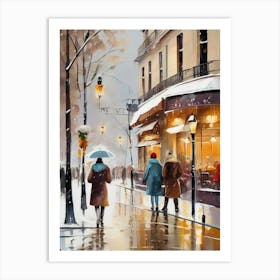 Paris cafes, winter season, Christmas, autumn oil colors, pale colors, pedestrians in the street, winter clothes, falling snow.Christmas decorations.18 Art Print