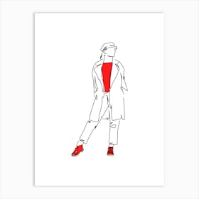 Minimalist Line Art Woman In A Red Coat Art Print