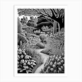 Rhs Garden Wisley, United Kingdom Linocut Black And White Vintage Art Print