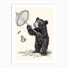 Malayan Sun Bear Cub Playing With A Butterfly Net Ink Illustration 2 Art Print