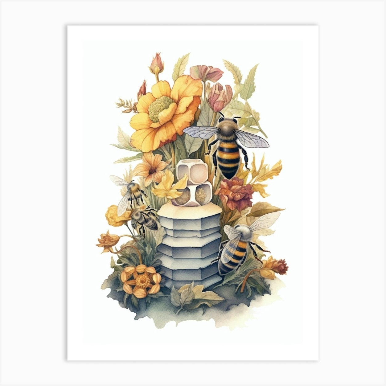 Digger Bee Beehive Watercolour Illustration 4 Art Print by Flora  Expressions - Fy