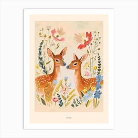 Folksy Floral Animal Drawing Deer 2 Poster Art Print