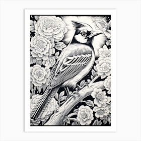 B&W Bird Linocut Blue Jay 2 Art Print