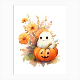 Cute Ghost With Pumpkins Halloween Watercolour 142 Art Print