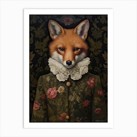 Fox Portrait With Rustic Flowers 2 Art Print