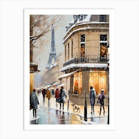 Paris cafes, winter season, Christmas, autumn oil colors, pale colors, pedestrians in the street, winter clothes, falling snow.2 Art Print