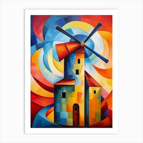 Windmill Tower III, Avant Garde Vibrant Colorful Painting in Cubism Picasso Style Art Print