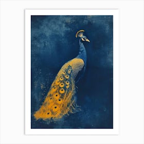 Navy Blue & Orange Portrait Of A Peacock Art Print