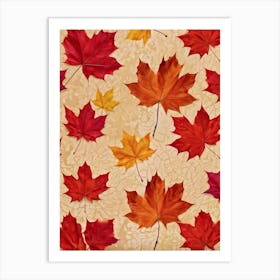 Autumn Themed Wallpaper Showcasing A Sun Drenched Group Of Maple Leaves In Varying Shades Of Red Or (6) Art Print