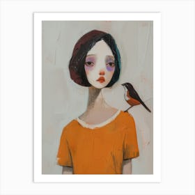 Bird On A Girl'S Shoulder Art Print