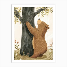 Brown Bear Scratching Its Back Against A Tree Storybook Illustration 2 Art Print