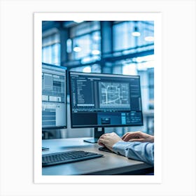 Close Up Of A Person S Hands Using A Graphics Tablet And Keyboard To Work On A Computer With Two Monitors Displaying Cad Software In A Modern Industrial Setting Art Print