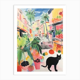 Food Market With Cats In Monaco 3 Watercolour Art Print