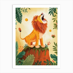 African Lion Roaring On A Cliff Illustration 3 Art Print