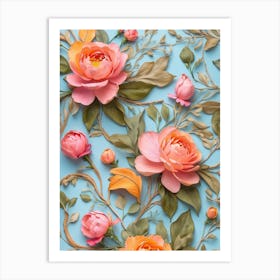 Peony Flowers On Blue Background Art Print