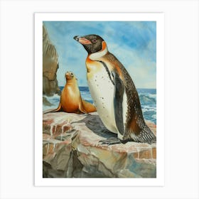 Humboldt Penguin Sea Lion Island Watercolour Painting 4 Art Print