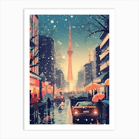 Winter Travel Night Illustration Tokyo Japan 1 Art Print