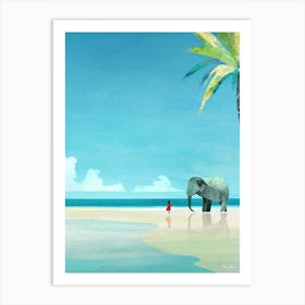 Elephant and the Girl | Beach Vacation Travel Illustration| Sea Ocean Summer Coastal Landscape | Palm Trees Art Print