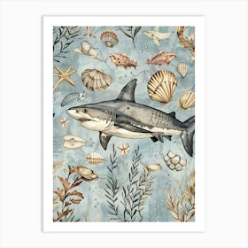Pastel Blue Goblin Shark Watercolour Seascape Pattern 1 Art Print