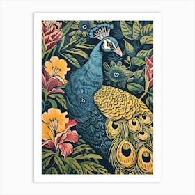 Blue Mustard Peacock With Tropical Flowers Linocut Inspired 2 Art Print